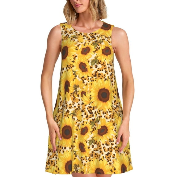 KLL Abstract Leopard Print Sunflower Pattern Womens Summer Dresses 2025,Loose Round Neck Sleeveless Sundresses Tank Dresses with Pockets