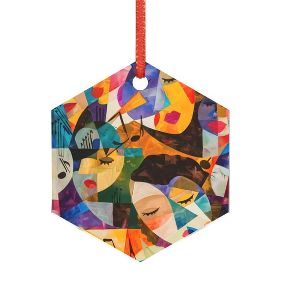 KLL Abstract Musical Faces Pattern Acrylic Christmas Ornaments,1 PCS Xmas Tree Decor with Ribbon 3" Christmas Décor Christmas Pendant for Hanging on Tree & Party Favors-Hexagon