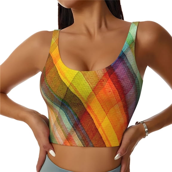 KLL Abstract Watercolors Tartan for Workout Tank Tops for Women,U Back Fitness Top Built in Shelf Bras Padded Fit for Yoga Gym-Large