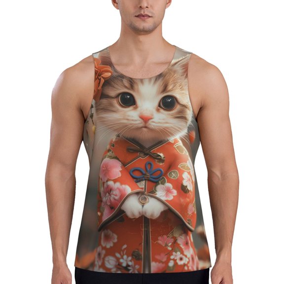 KLL Adorable Kitten In Kimono Print Men's Muscle Gym Workout Stringer Tank Tops Bodybuilding Fitness T-Shirts Tank Tops Men-4X-Large