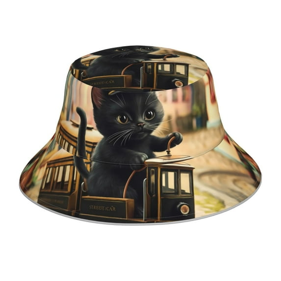 KLL Adorable Kitten On Mini Train Bucket Hat for Women Men Packable Travel Beach Sun Hat Outdoor Rave Accessories Reflective Fisherman Cap