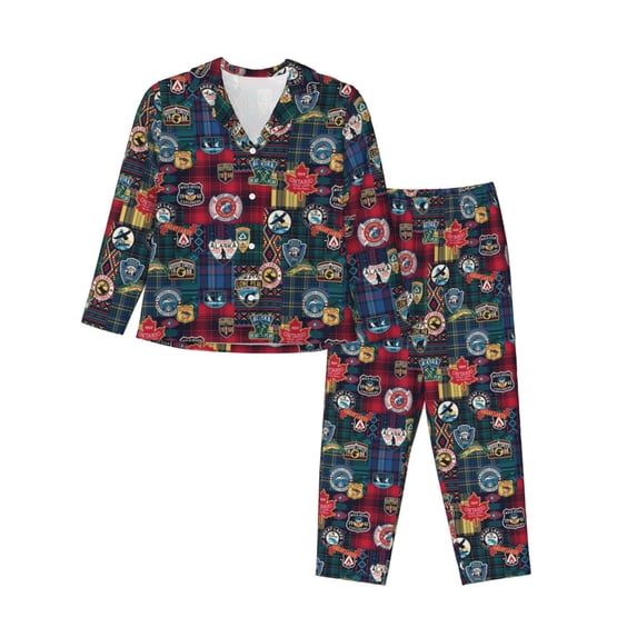 KLL Adventure Camping Badge Print Women's Long Sleeve Pajamas with Pants Sleepwear Loungewear 2 Set-Small