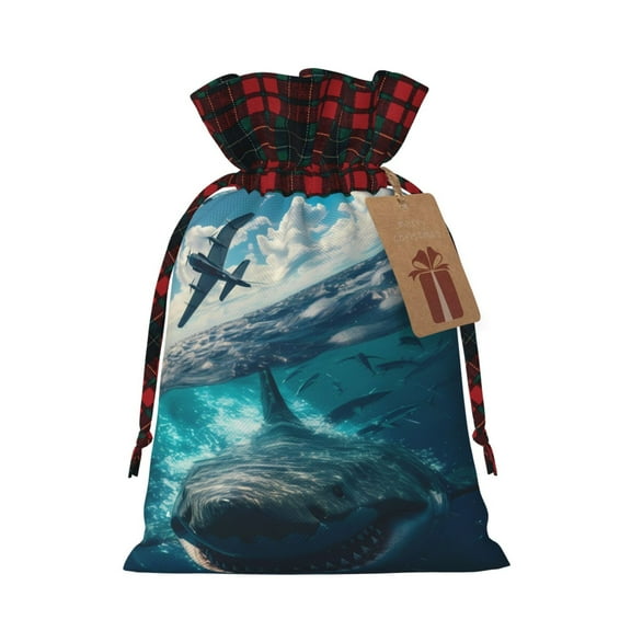 KLL Airplane Shark for Christmas Gift Bag,Christmas Burlap Goody Gift Bags with Plaid Drawstrings for Xmas Presents Holiday Party Favor Treats Candy-Black