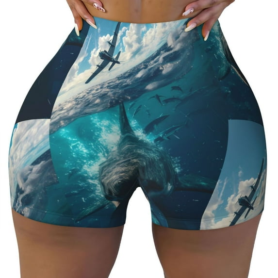 KLL Airplane Shark Pattern Workout Shorts for Women Scrunch Short Gym Yoga Running Sport Active Exercise Fitness Shorts