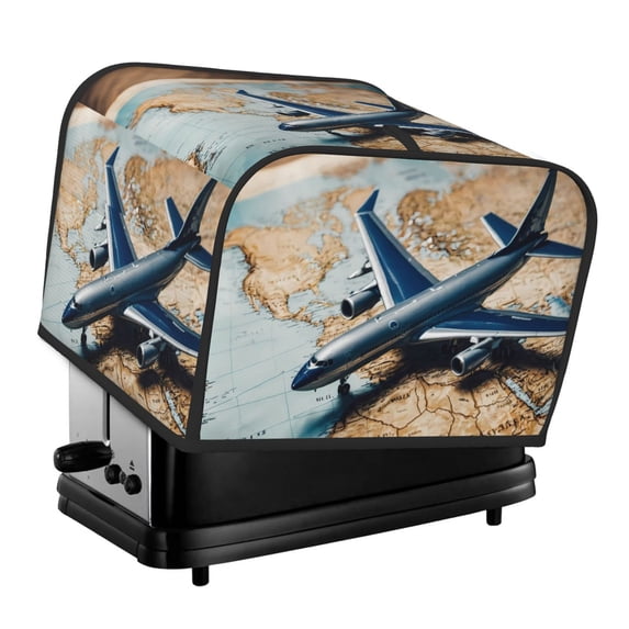 KLL Airplane World Map Adventure Print 4 Slice Toaster Dust Covers Kitchen Small Appliance Cover with 2 Pockets,Can hold Jam Spreader Knife & Toaster Tongs (12.4 x 10.6 x 8.2)