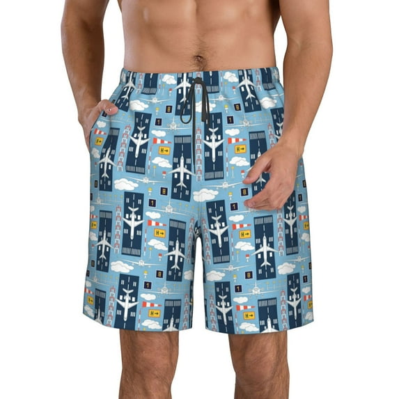 KLL Airplanes and Aviation Signs Men's Casual Summer Beach Shorts Hawaiian Shorts with Pockets-3X-Large