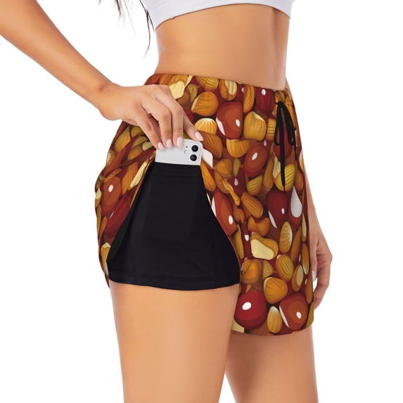 KLL Almond Nuts Pattern Shorts Women,Athletic Shorts High Waisted Running Shorts Pocket Sporty Short Gym Elastic Workout Shorts-Medium
