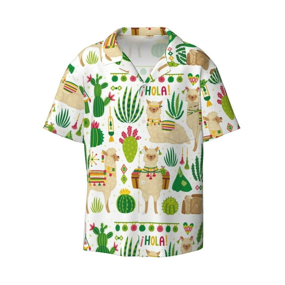 KLL Alpaca and Cactus Print Men's Shirt Short Sleeve Button Down Summer Cuba Beach Shirts- Small
