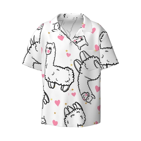 KLL Alpacas and Hearts Print Men's Shirt Short Sleeve Button Down Summer Cuba Beach Shirts- Small