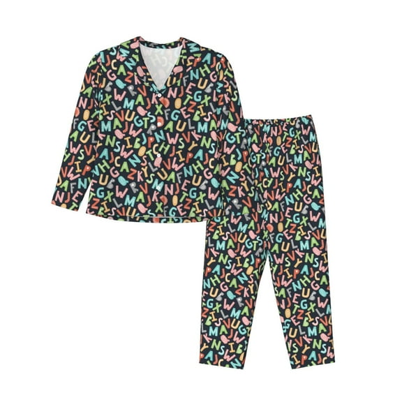 KLL Alphabet Print Women's Long Sleeve Pajamas with Pants Sleepwear Loungewear 2 Set-Small