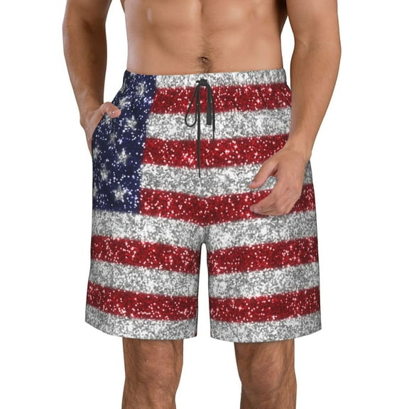 KLL America Flag Glitter Men's Casual Summer Beach Shorts Hawaiian Shorts with Pockets-Medium