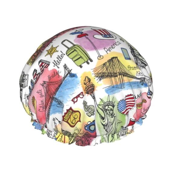 KLL America Landmarks1 Pattern Shower Cap & Bath Cap for Women,Reversible Oversized Waterproof Shower Caps for all Hair Lengths,Elastic Reusable Bathing Hair Cap