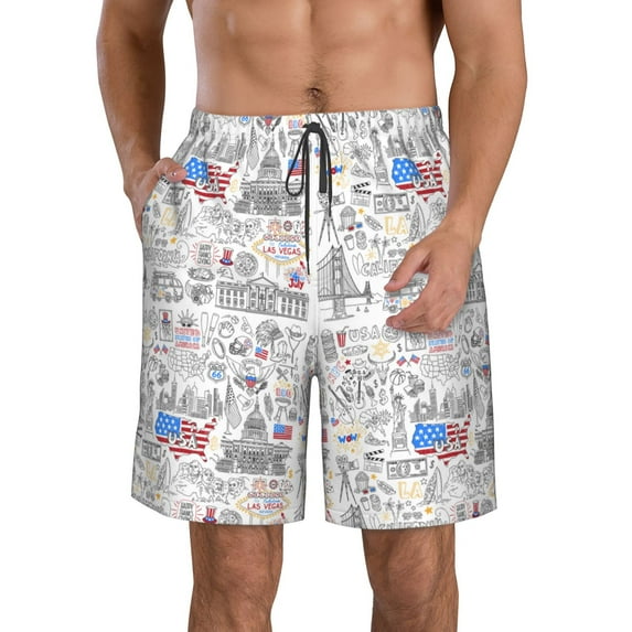 KLL America Landmarks2 Men's Casual Summer Beach Shorts Hawaiian Shorts with Pockets-X-Large