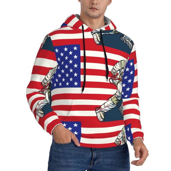 KLL American Astronaut Runs Forward Print Mens Hoodie Long Sleeve Casual Pullover Hooded Sweatshirt Fashion Drawstring Hoodies with Pocket-4X-Large
