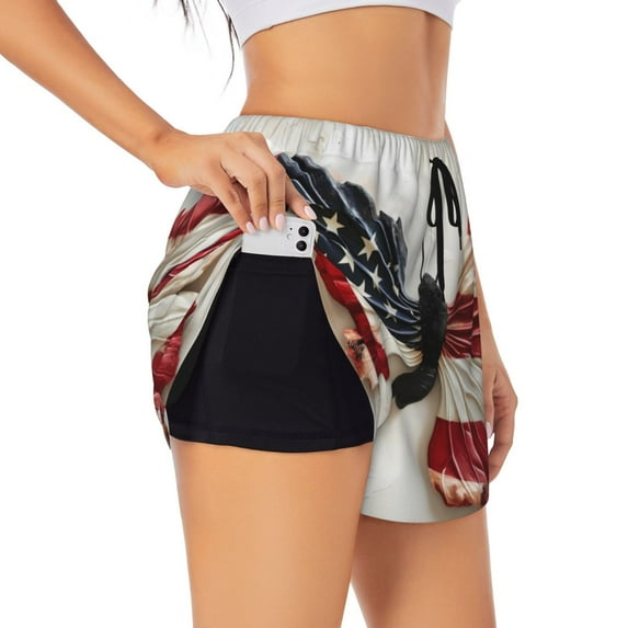 KLL American Flag Butterfly Wall Pattern Shorts Women,Athletic Shorts High Waisted Running Shorts Pocket Sporty Short Gym Elastic Workout Shorts-Large