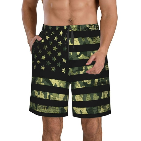 KLL American Flag Camo Men's Casual Summer Beach Shorts Hawaiian Shorts with Pockets-Small