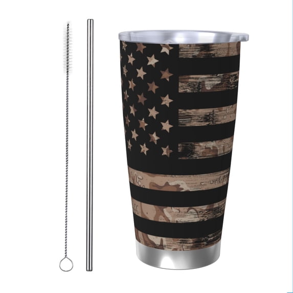 KLL American Flag with Desert Camouflage Print 40oz Stainless Steel Insulated Car Cup with Spillproof Lid - Keep Your Drink Hot or Cold on the Go-Straw Two-piece Set