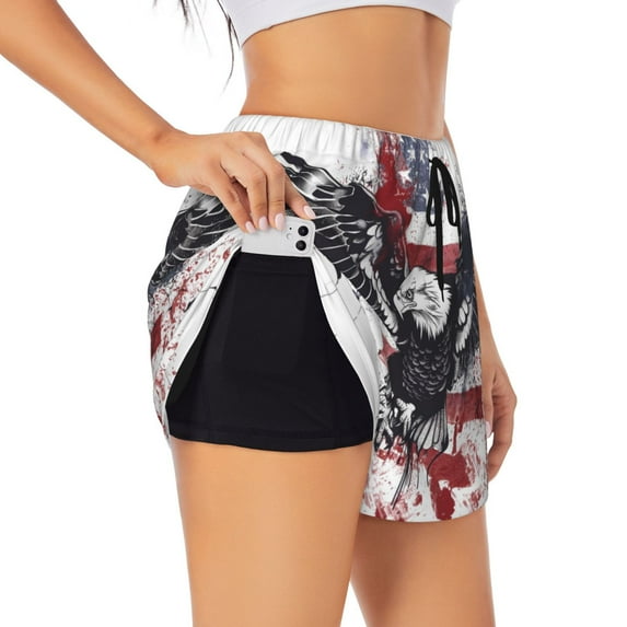 KLL American Flag Eagle Art Pattern Shorts Women,Athletic Shorts High Waisted Running Shorts Pocket Sporty Short Gym Elastic Workout Shorts-Large