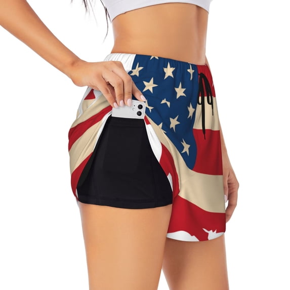 KLL American Flag Map Pattern Shorts Women,Athletic Shorts High Waisted Running Shorts Pocket Sporty Short Gym Elastic Workout Shorts-Large