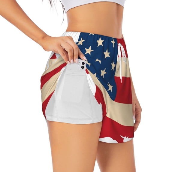 KLL American Flag Map Pattern Shorts Women,Athletic Shorts High Waisted Running Shorts Pocket Sporty Short Gym Elastic Workout Shorts-Medium