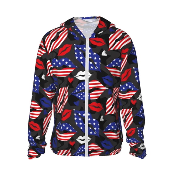 KLL American With Lips Print Men's Women’s UPF 50+ Sun Protection Outdoor Hoodie Jacket Long Sleeve Fishing Hiking Performance Shirt-Small