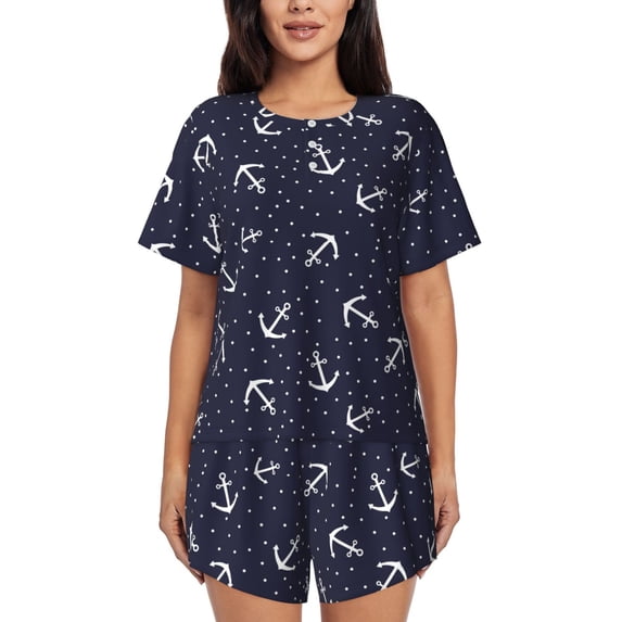 KLL Anchor Print Pajama Set for Women Short Sleeve Sleepwear Pjs Soft 2 Piece Lounge Sleepwear Sets-Medium