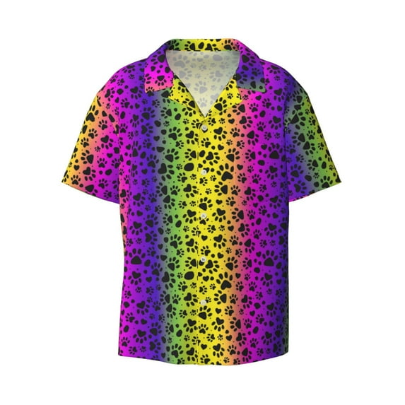 KLL Animal Paw Rainbow Print Men's Shirt Short Sleeve Button Down Summer Cuba Beach Shirts- 4X-Large