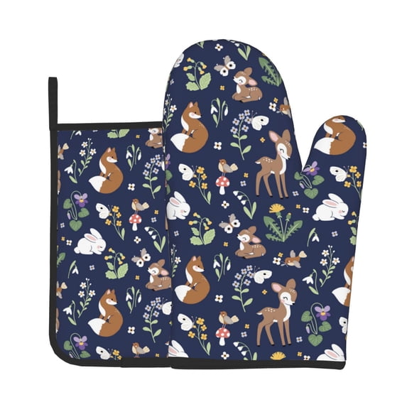 KLL Animals And Wildflowers Pattern Oven Mitts and Pot Holders 2pcs Sets for Kitchen, Oven Mitt Heat Resistant 536°F, Oven Gloves for Kitchen,Cooking and Baking