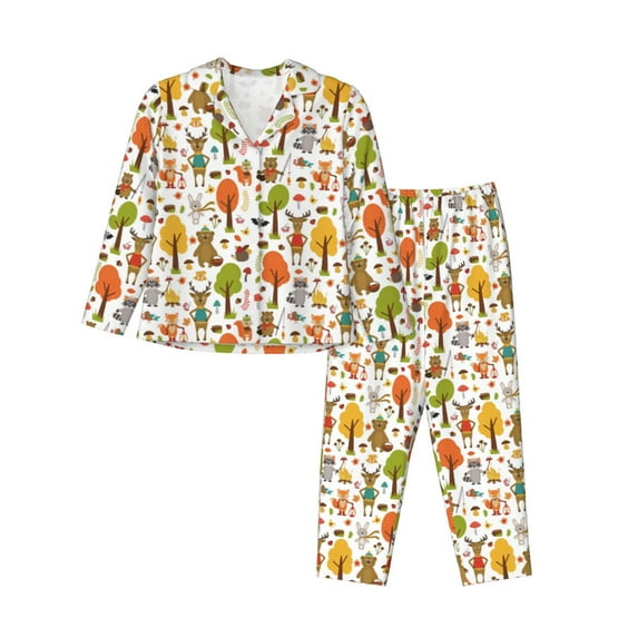 KLL Animals Forest Print Women's Long Sleeve Pajamas with Pants Sleepwear Loungewear 2 Set-Large