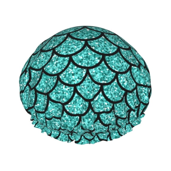 KLL Aquamarine Glitter Pattern Shower Cap & Bath Cap for Women,Reversible Oversized Waterproof Shower Caps for all Hair Lengths,Elastic Reusable Bathing Hair Cap