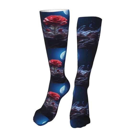 KLL Artistic Moon Rose Print Cool Socks Men's Women's Crew Socks Funny Crazy Novelty Stockings