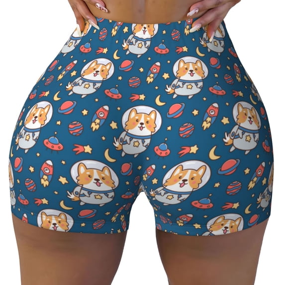 KLL Astronaut Corgi Dog Pattern Workout Shorts for Women Scrunch Short Gym Yoga Running Sport Active Exercise Fitness Shorts