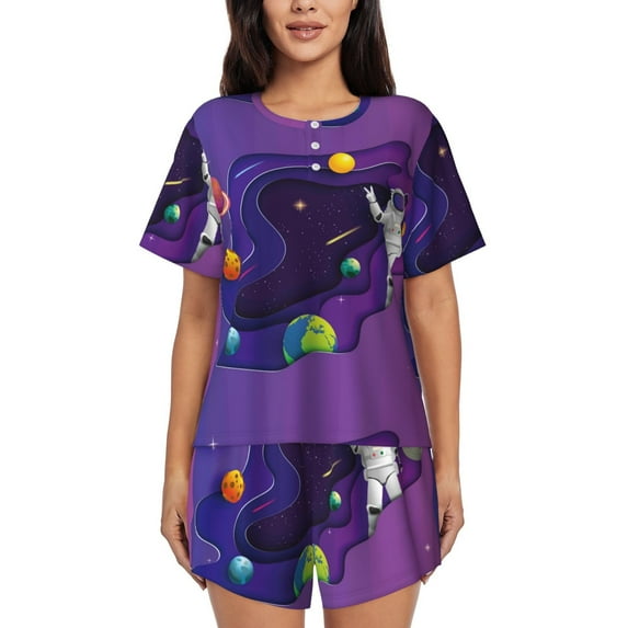 KLL Astronaut Print Pajama Set for Women Short Sleeve Sleepwear Pjs Soft 2 Piece Lounge Sleepwear Sets-XX-Large