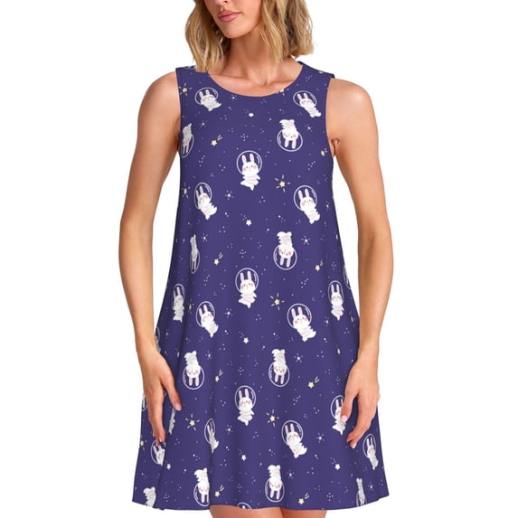 KLL Astronaut Rabbit Pattern Womens Summer Dresses 2025,Loose Round Neck Sleeveless Sundresses Tank Dresses with Pockets