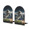 thumbnail image 1 of KLL Astronaut Soccer Field Print Wood Book Ends for Shelves,1 Pair Wood Bookends Book Holder Stand Decorative, Book Stoppers for Heavy Duty Books CD File Video Games, 1 of 8