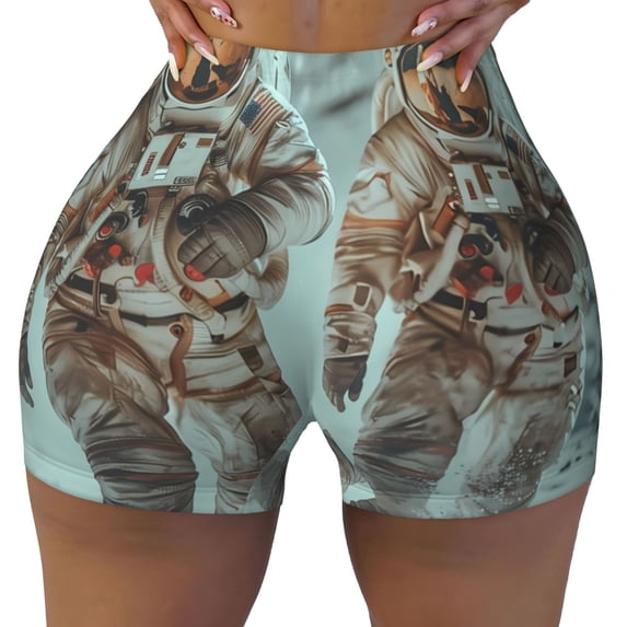 KLL Astronauts On Lunar Mission Pattern Workout Shorts for Women Scrunch Short Gym Yoga Running Sport Active Exercise Fitness Shorts
