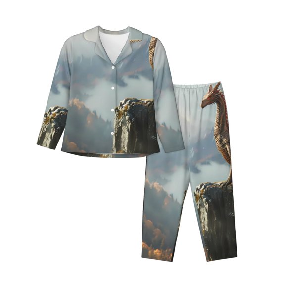 KLL Autumn Dragon Mountain View Print Women's Long Sleeve Pajamas with Pants Sleepwear Loungewear 2 Set-Large