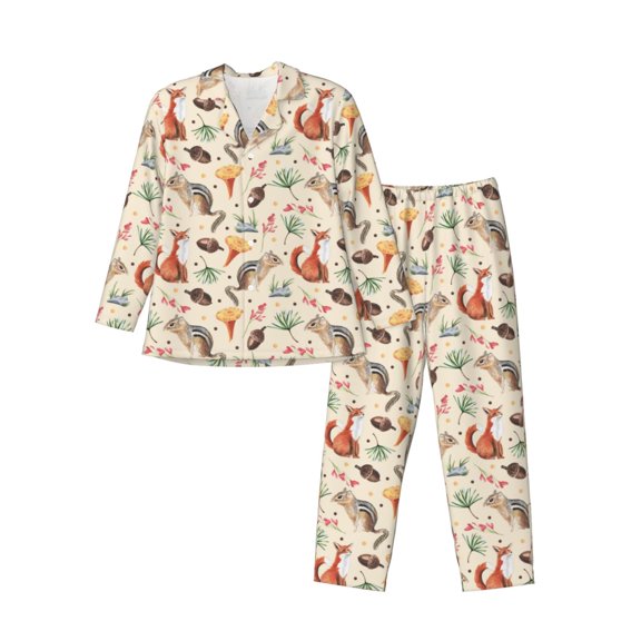 KLL Autumn Forest Animals Sleepwear Mens Flannel Pajamas,Long Cotton Pj Set