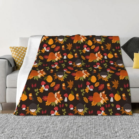 KLL Autumn Hedgehog and Fox Cute Print Fleece Throw Blanket, Horizontal Fleece Bedding Cute Soft Blankets Comfy Fleece Flannel Plush Home Decor for Couch & Bed -50"x40"