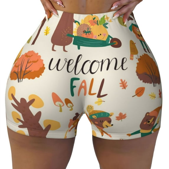 KLL Autumn In The Forest Pattern Workout Shorts for Women Scrunch Short Gym Yoga Running Sport Active Exercise Fitness Shorts