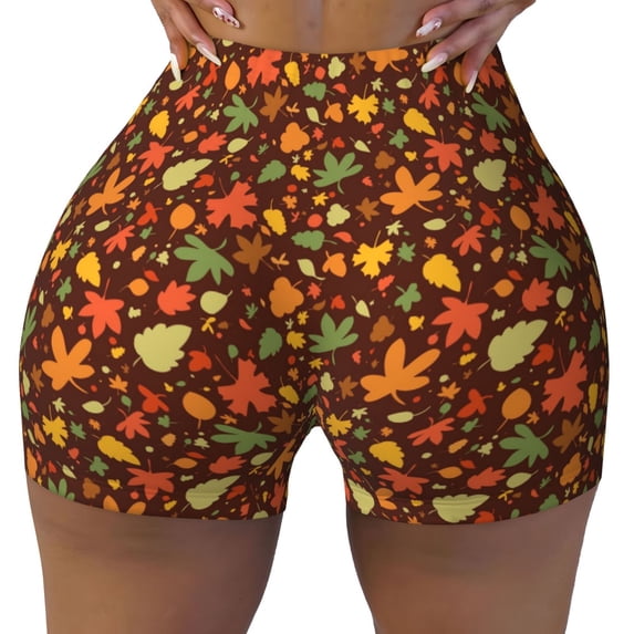 KLL Autumn Leaves Pattern Workout Shorts for Women Scrunch Short Gym Yoga Running Sport Active Exercise Fitness Shorts