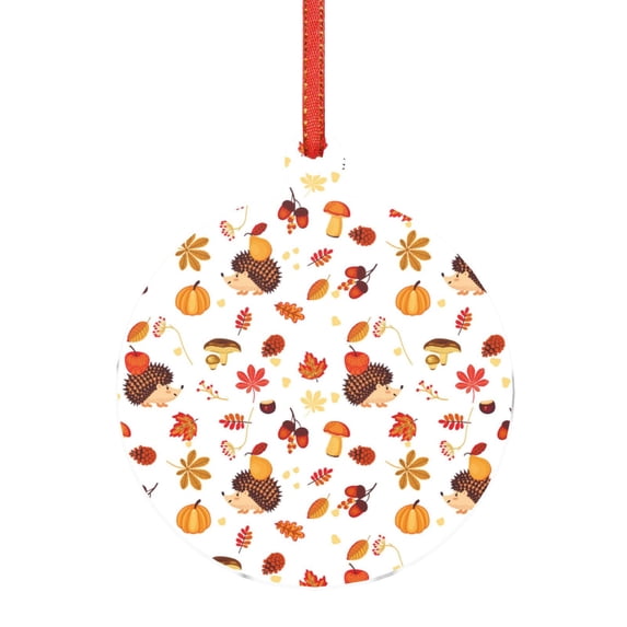 KLL Autumn Maple Leaf with Hedgehog Pattern Acrylic Christmas Ornaments,1 PCS Xmas Tree Decor with Ribbon 3" Christmas Décor Christmas Pendant for Hanging on Tree & Party Favors-Round Shape