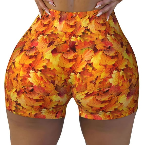KLL Autumn Maple Leaf Pile Pattern Workout Shorts for Women Scrunch Short Gym Yoga Running Sport Active Exercise Fitness Shorts