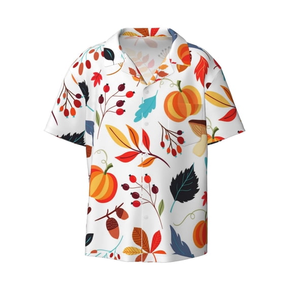 KLL Autumn Pumpkins Fall Leaves Print Men's Shirt Short Sleeve Button Down Summer Cuba Beach Shirts- Large