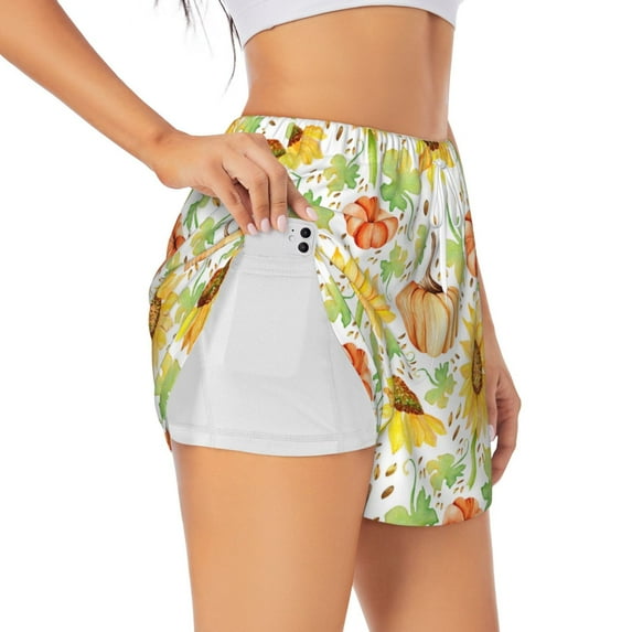 KLL Autumn Theme Pattern Shorts Women,Athletic Shorts High Waisted Running Shorts Pocket Sporty Short Gym Elastic Workout Shorts-Large
