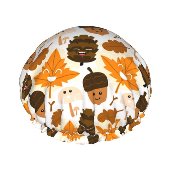 KLL Autumn Woodland Characters Pattern Shower Cap & Bath Cap for Women,Reversible Oversized Waterproof Shower Caps for all Hair Lengths,Elastic Reusable Bathing Hair Cap