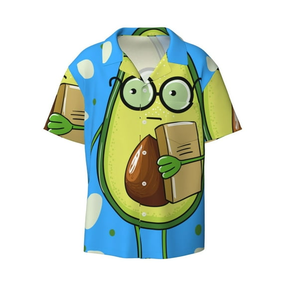 KLL Avocado with Glasses Print Men's Shirt Short Sleeve Button Down Summer Cuba Beach Shirts- Small