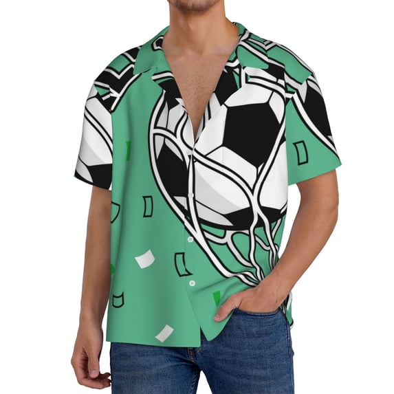 KLL BALL INSIDE THE NET GOAL Print Men's Shirt Short Sleeve Button Down Summer Cuba Beach Shirts- 3X-Large