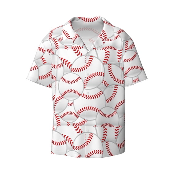 KLL Baseballs Print Men's Shirt Short Sleeve Button Down Summer Cuba Beach Shirts- Medium
