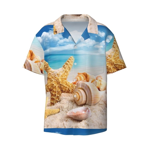 KLL Beach Starfish Shell Print Men's Shirt Short Sleeve Button Down Summer Cuba Beach Shirts- Small